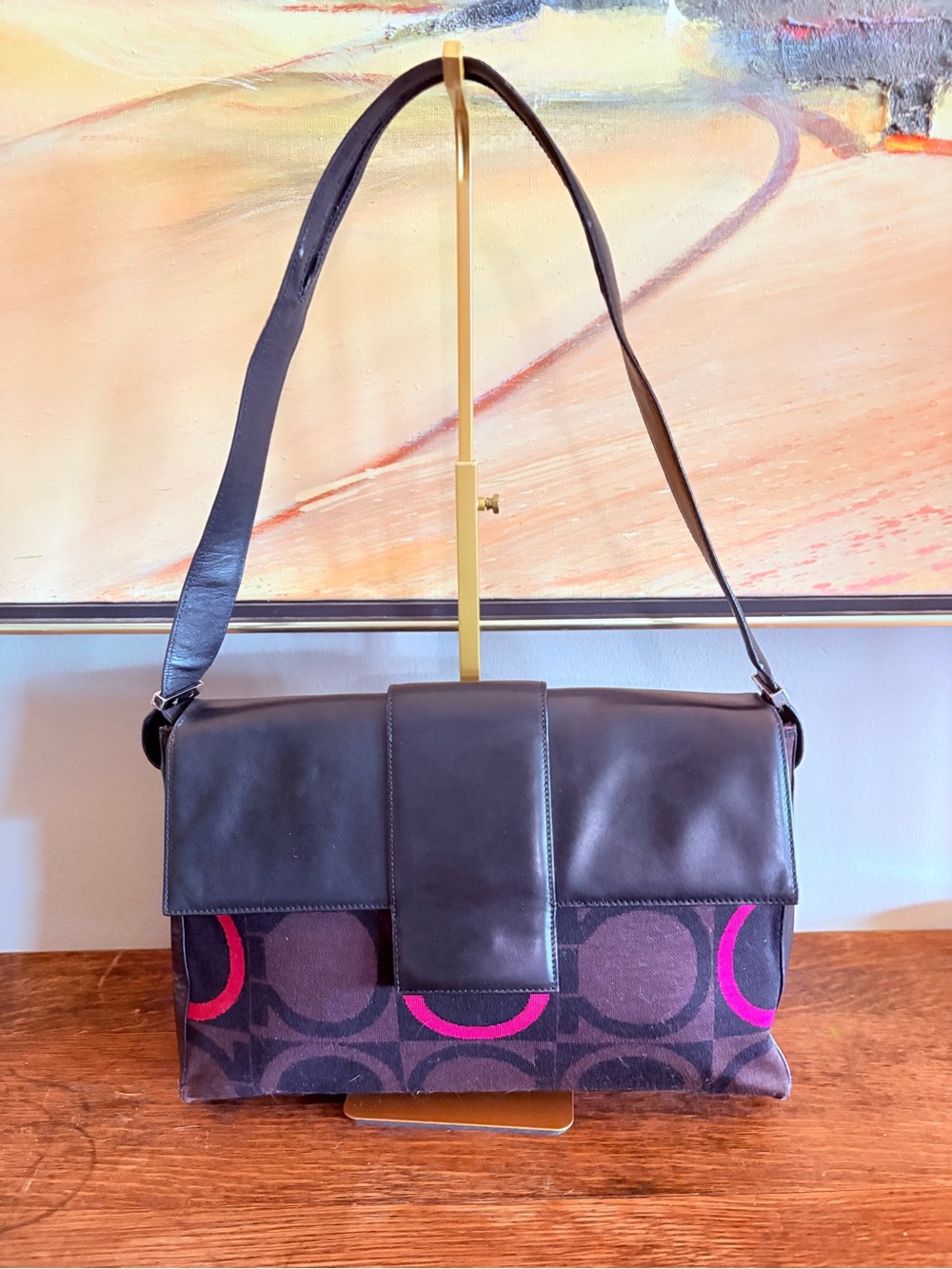 Salvatore Ferragamo Gancini Monogram Canvas Leather Shoulder Bag Y2K Authentic